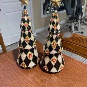 Mackenzie Childs set of two 18 inch Xmas trees with pearls,flowers, gold stars